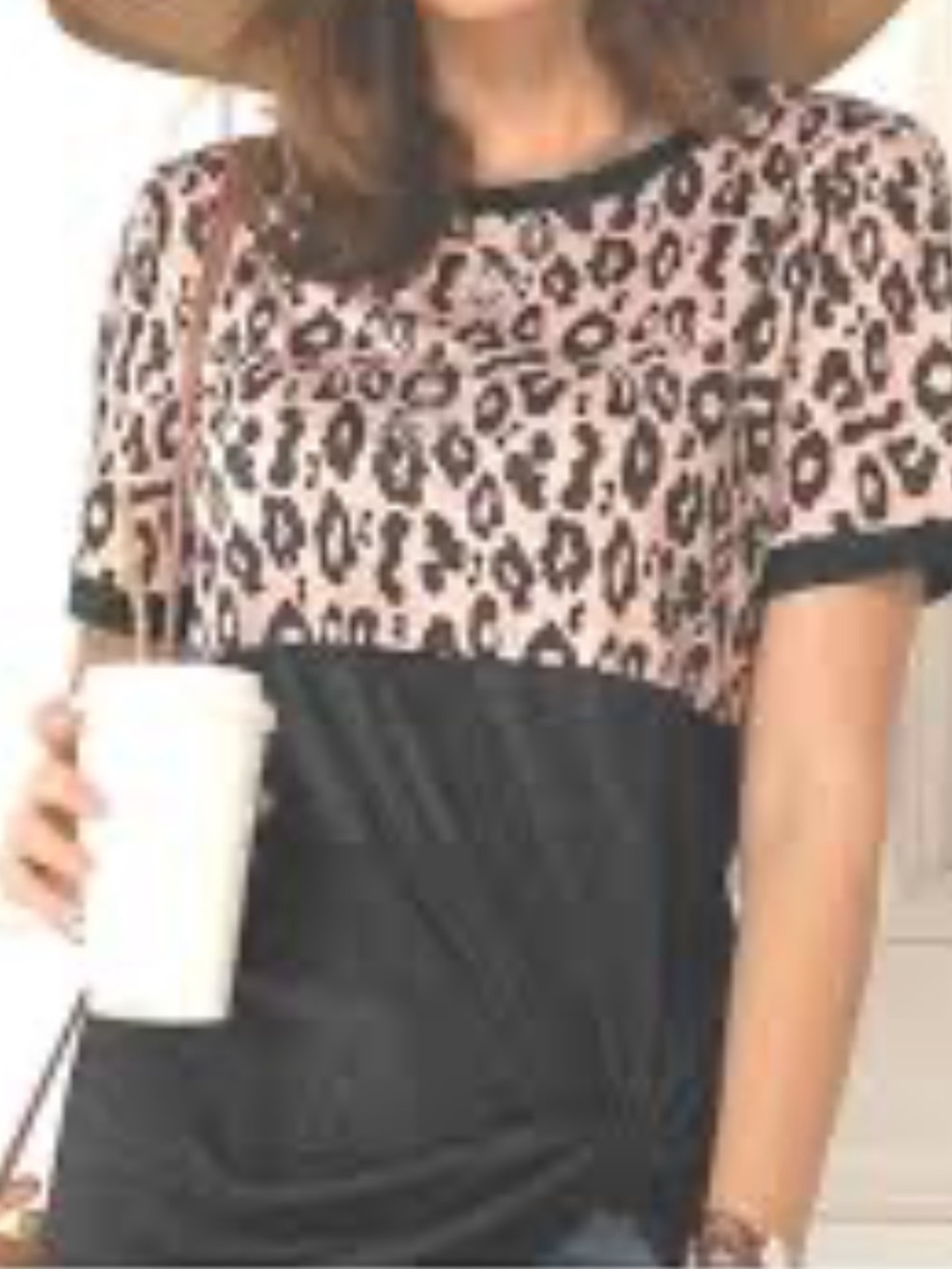 Idarton | Women’s Leopard Colorblock Short Sleeve Tee - Charcoal/Tan | S